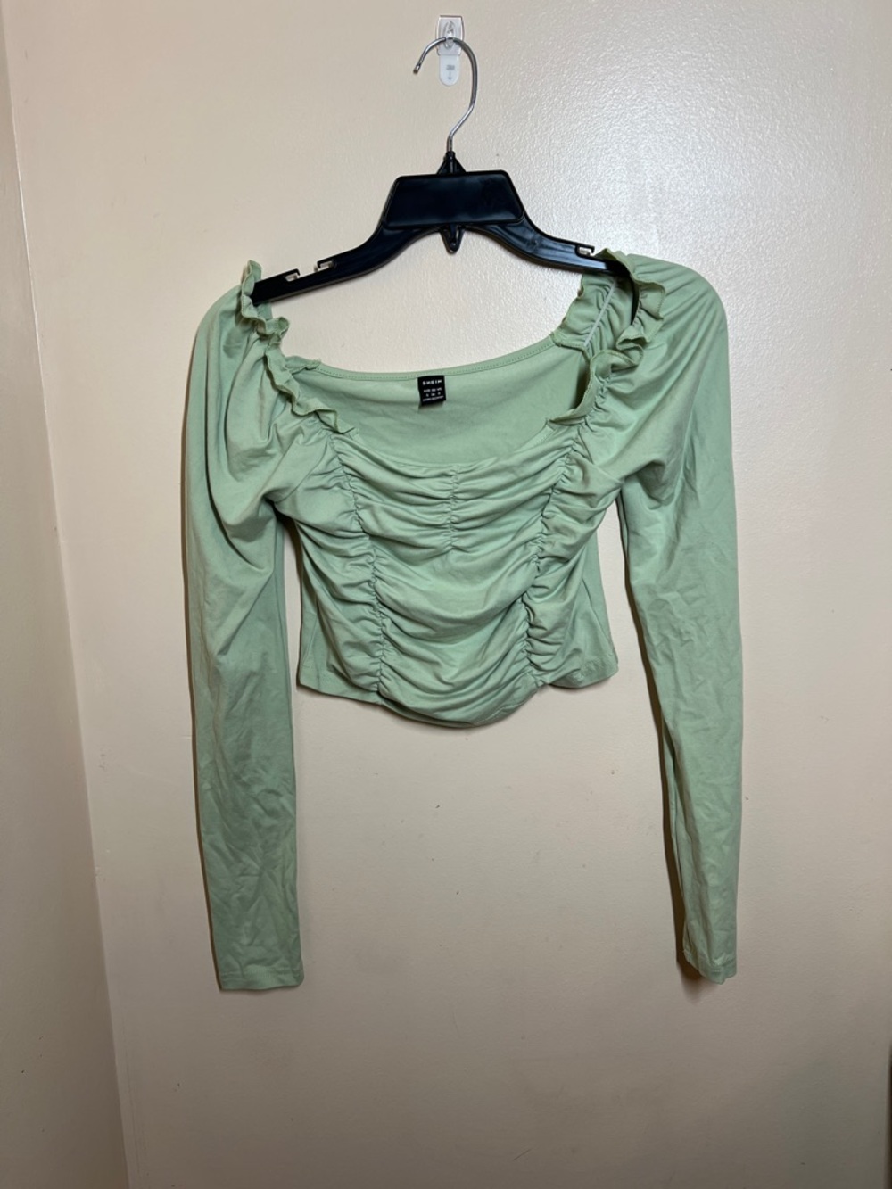 SHEIN Light Green Ruched Scoop-Neck Long Sleeve Top